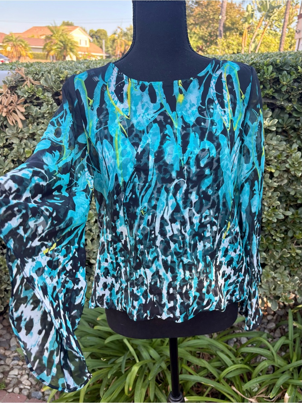 Alfani Turquoise, Teal and Black Abstract Print Long-Sleeve Blouse
